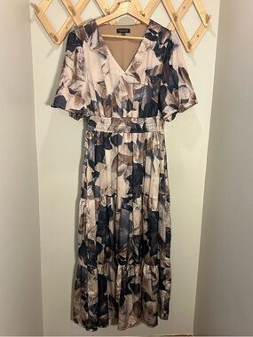 Rachel Zoe Floral Maxi Dress in Beige and Navy